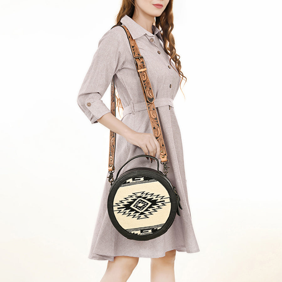American Darling Western Leather Canteen Bag with Hand Woven Saddle Blanket, Genuine Leather Build & Tooled Shoulder Strap