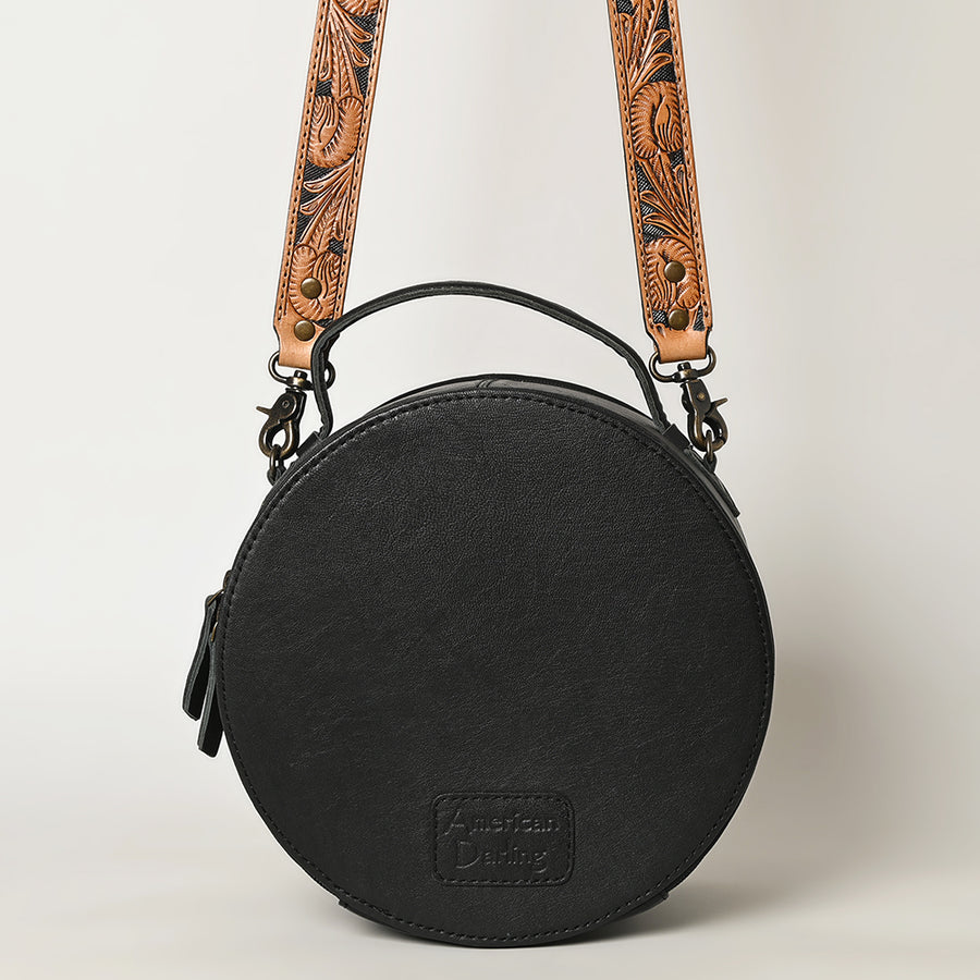 American Darling Western Leather Canteen Bag with Hand Woven Saddle Blanket, Genuine Leather Build & Tooled Shoulder Strap