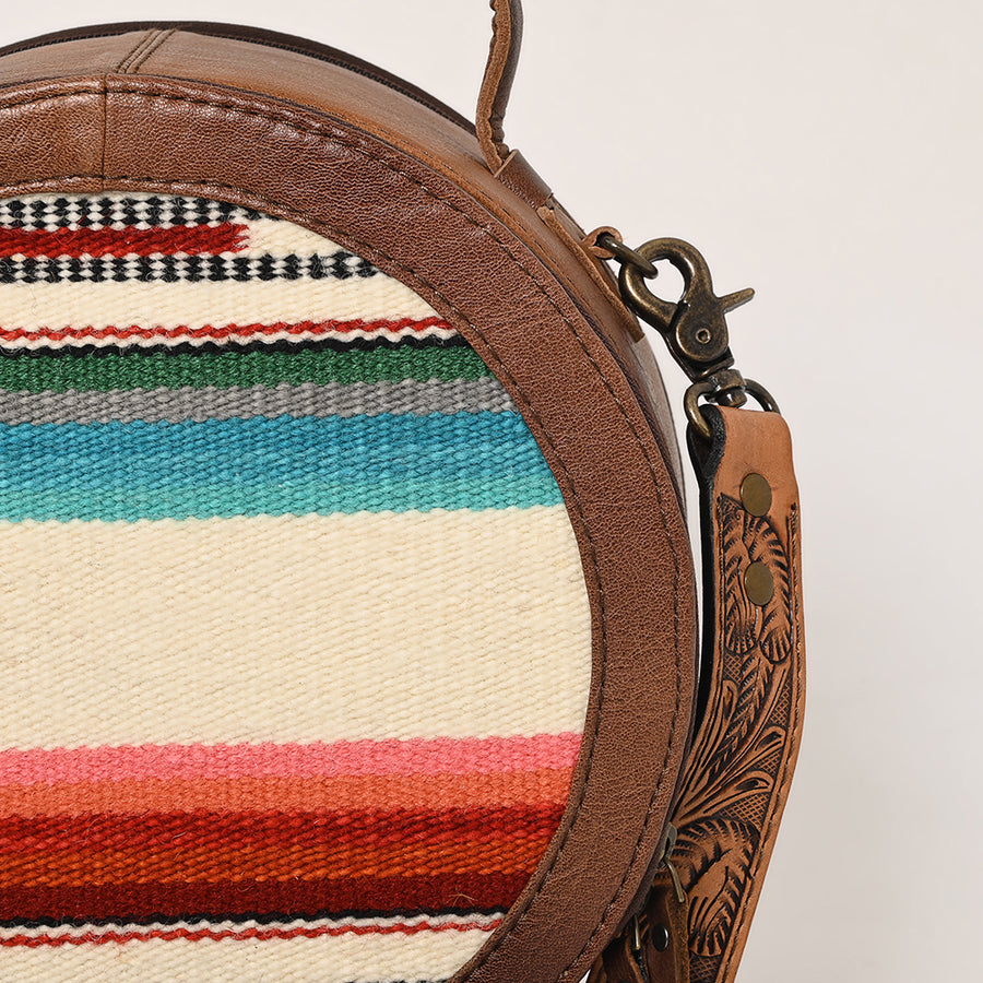 American Darling Western Leather Canteen Bag with Hand Woven Saddle Blanket, Genuine Leather Build & Tooled Shoulder Strap