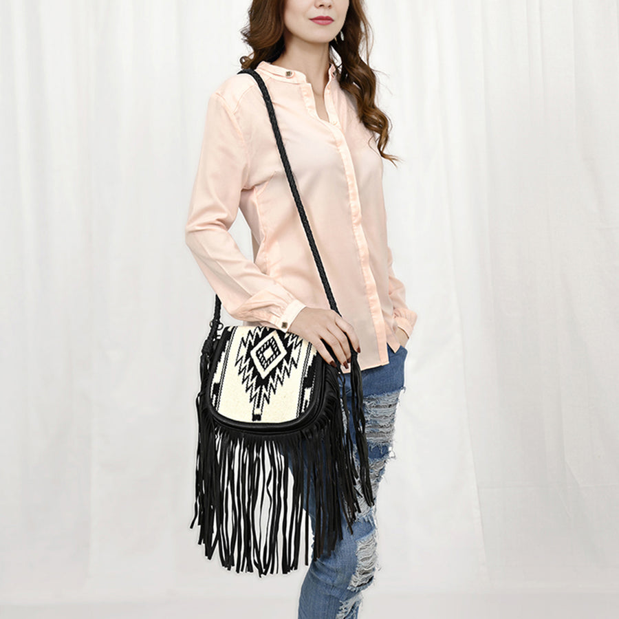 American Darling Western Leather Crossbody Bag with Fringe, Hand Woven Saddle Blanket Front & Genuine Leather Body