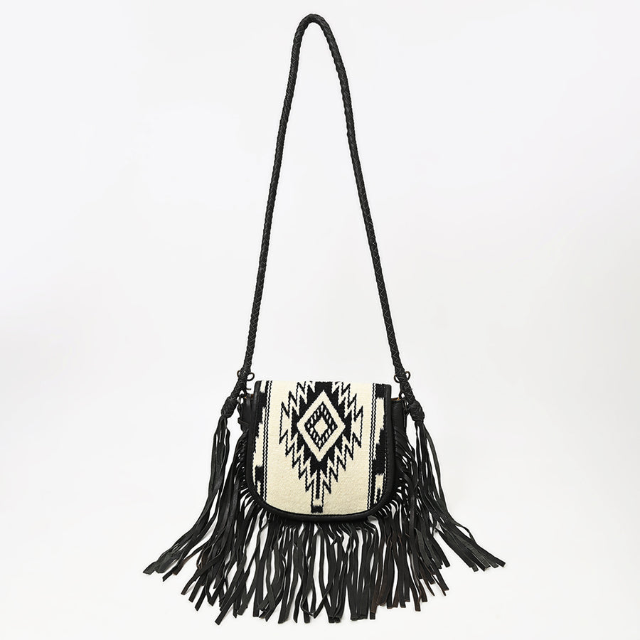 American Darling Western Leather Crossbody Bag with Fringe, Hand Woven Saddle Blanket Front & Genuine Leather Body