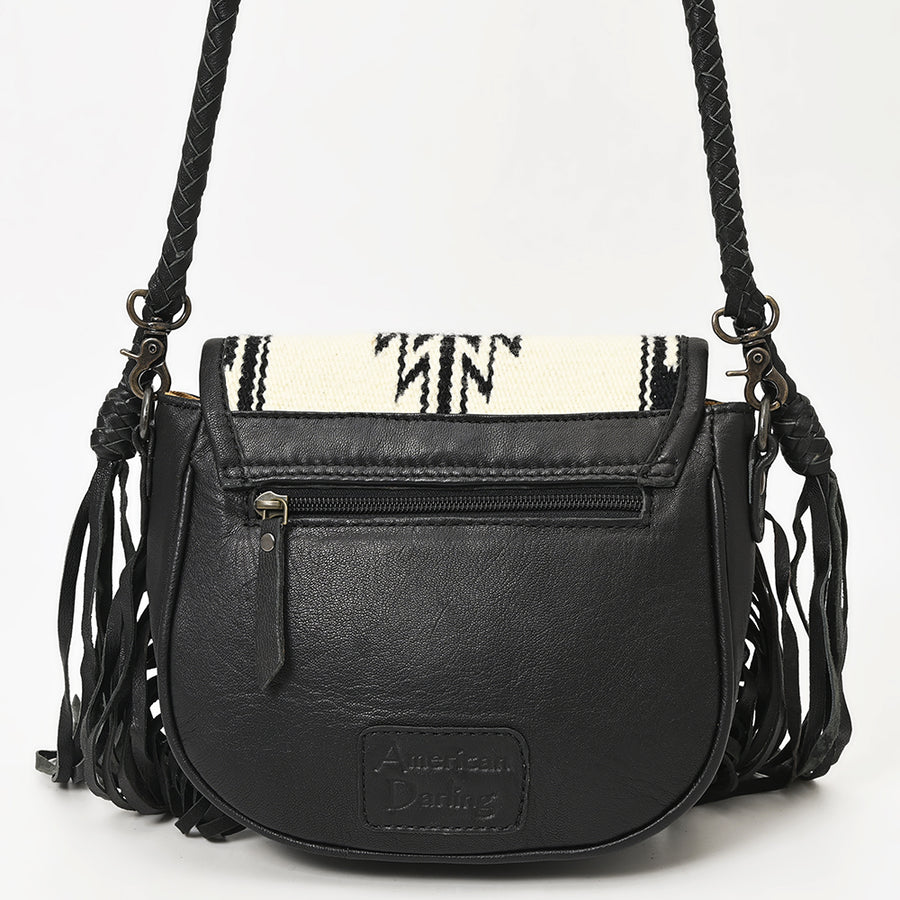 American Darling Western Leather Crossbody Bag with Fringe, Hand Woven Saddle Blanket Front & Genuine Leather Body