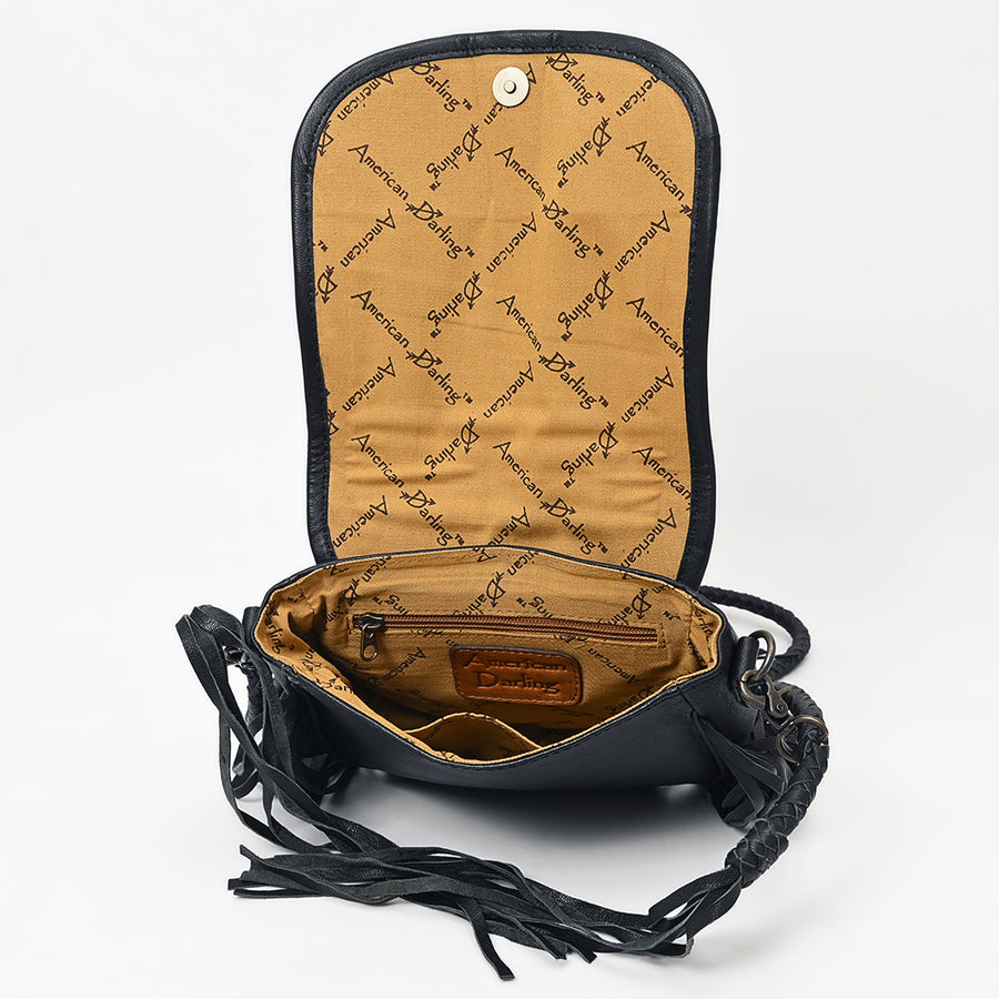 American Darling Western Leather Crossbody Bag with Fringe, Hand Woven Saddle Blanket Front & Genuine Leather Body