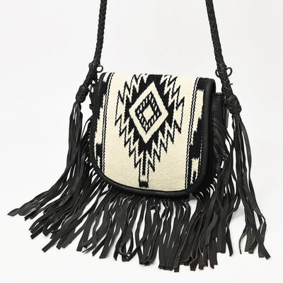 American Darling Western Leather Crossbody Bag with Fringe, Hand Woven Saddle Blanket Front & Genuine Leather Body