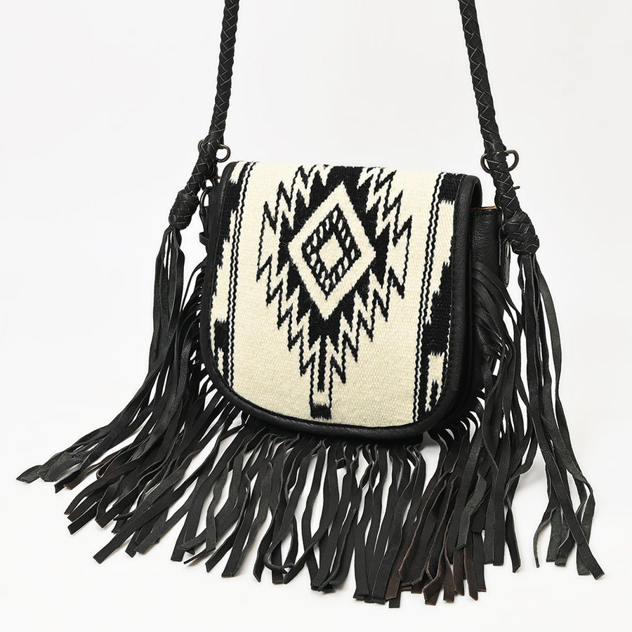 American Darling Western Leather Crossbody Bag with Fringe and Hand Woven Saddle Blanket Panel - Uhorse