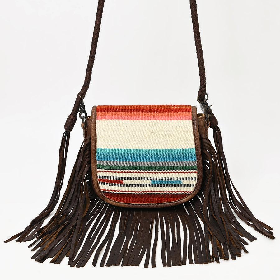 American Darling Western Leather Crossbody Bag with Fringe, Hand Woven Saddle Blanket Front & Genuine Leather Body