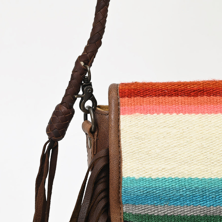 American Darling Western Leather Crossbody Bag with Fringe, Hand Woven Saddle Blanket Front & Genuine Leather Body