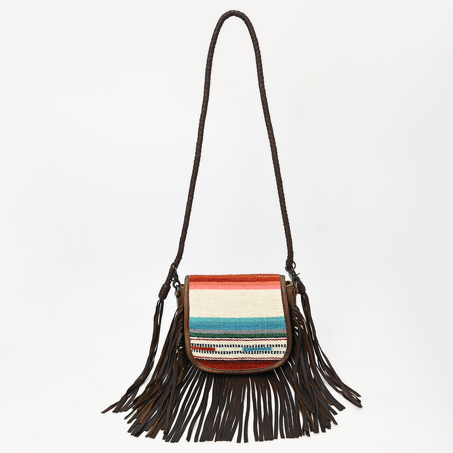American Darling Western Leather Crossbody Bag with Fringe, Hand Woven Saddle Blanket Front & Genuine Leather Body