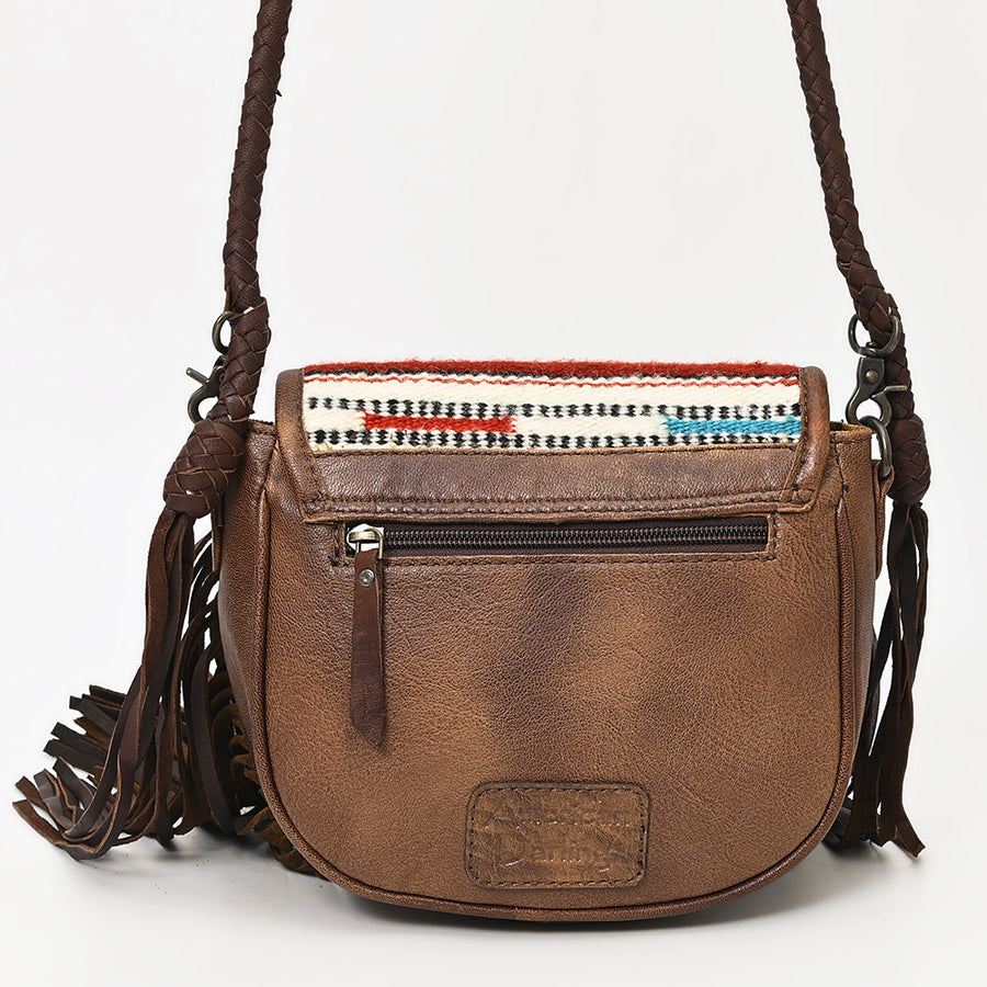 American Darling Western Leather Crossbody Bag with Fringe, Hand Woven Saddle Blanket Front & Genuine Leather Body