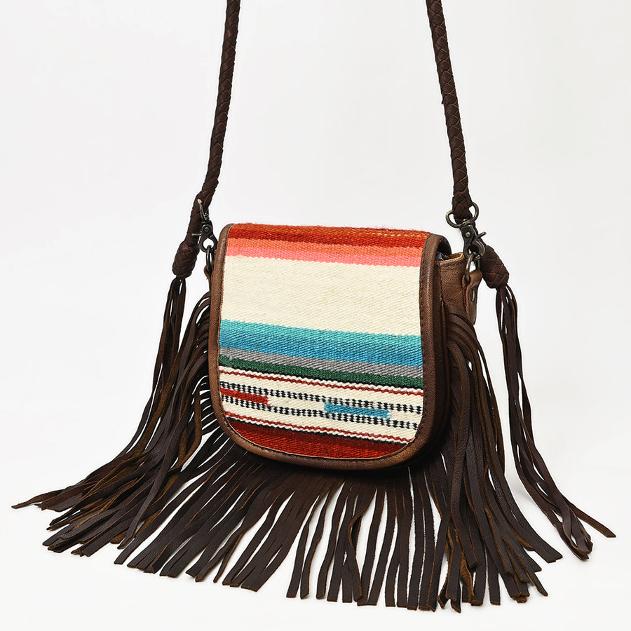 American Darling Western Leather Crossbody Bag with Fringe and Hand Woven Saddle Blanket Panel - Uhorse