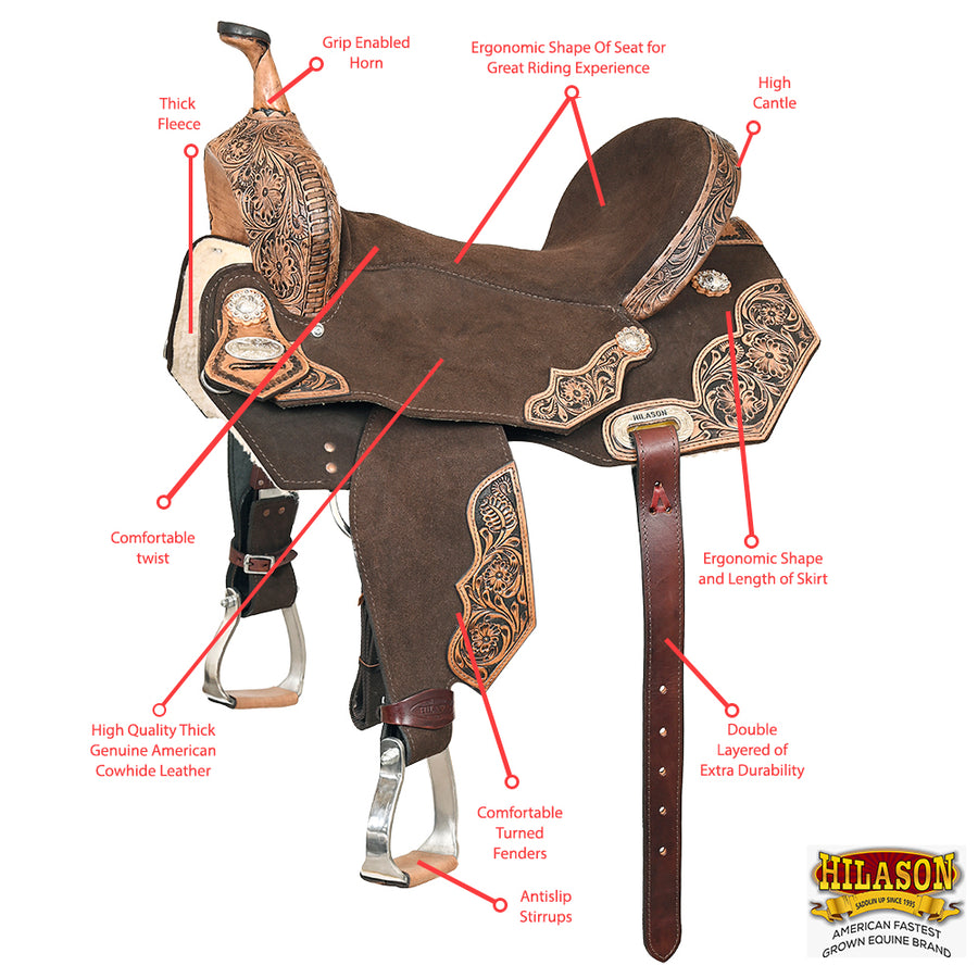 HILASON Flex Tree Western Horse Floral Trail Barrel American Leather Saddle Brown | for Horses