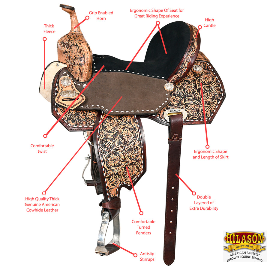 HILASON Flex Tree Western Horse Buckstitch Trail Barrel American Leather Saddle Brown | for Horses
