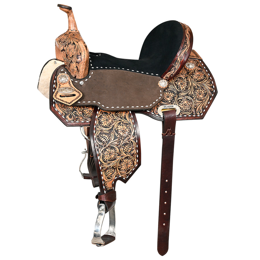 15 In Hilason Flex Tree Western Horse Buckstitch Floral Trail Barrel American Leather Saddle Brown - Uhorse