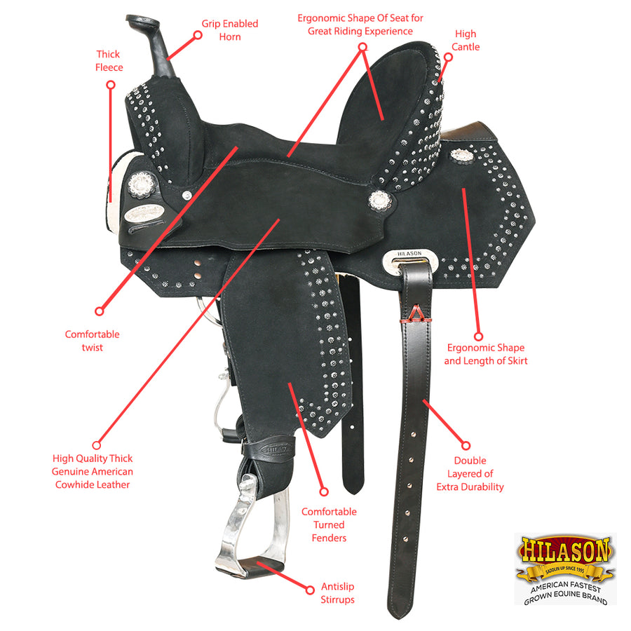 HILASON Flex Tree Western Horse Stud Trail Barrel American Leather Saddle Black | for Horses