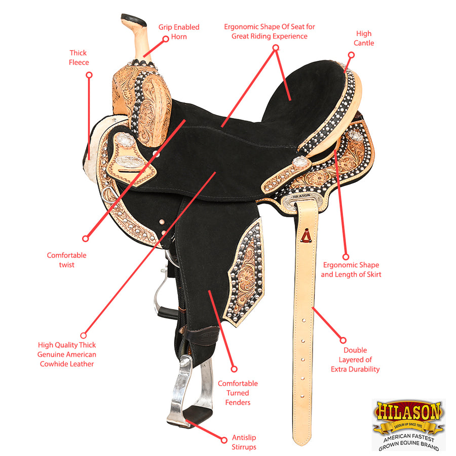 HILASON Flex Tree Western Horse Floral Trail Barrel American Leather Saddle Black | for Horses