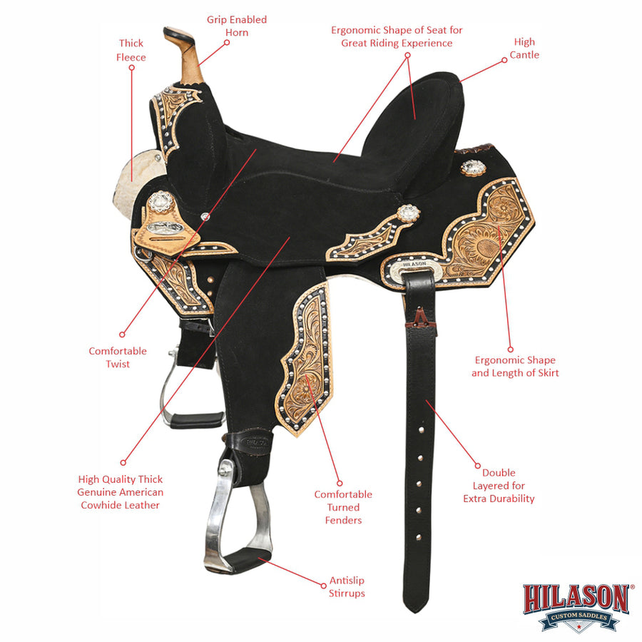 HILASON Flex Tree Western Horse Floral Trail Barrel American Leather Saddle Black | for Horses