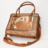 American Darling Western Leather Tote Bag with Hair-On Cowhide, Hand-Tooled Floral Design, Comfortable Straps & Spacious Interior