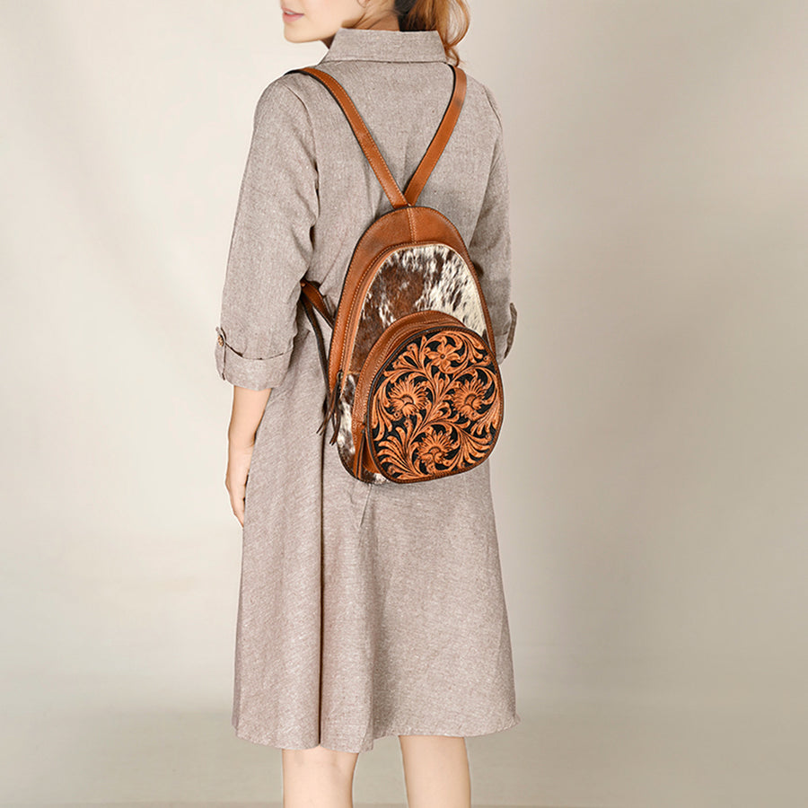 American Darling Western Leather Backpack - Eco-Friendly Full Grain Leather Hair-On Cowhide Hand Tooled Floral Carved Purse