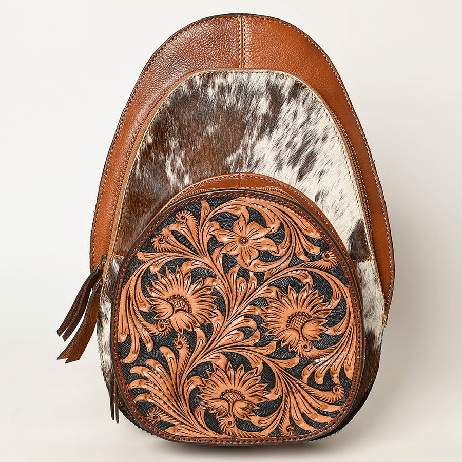 American Darling Western Leather Backpack - Eco-Friendly Full Grain Leather Hair-On Cowhide Hand Tooled Floral Carved Purse