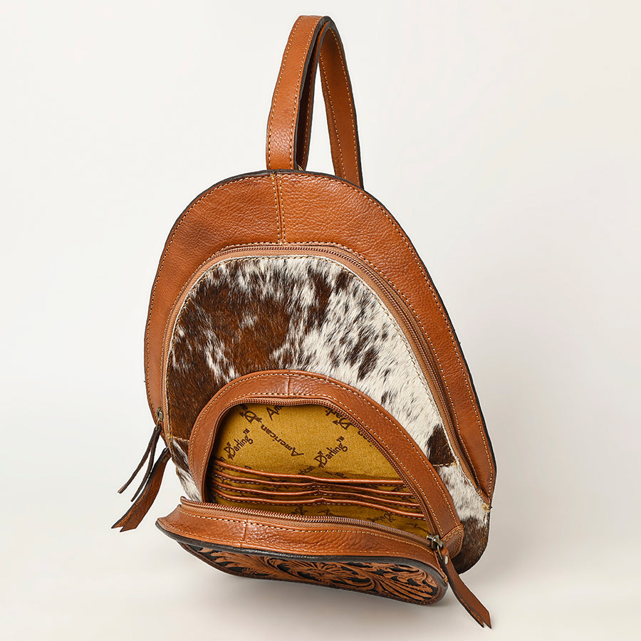 American Darling Western Leather Backpack - Eco-Friendly Full Grain Leather Hair-On Cowhide Hand Tooled Floral Carved Purse