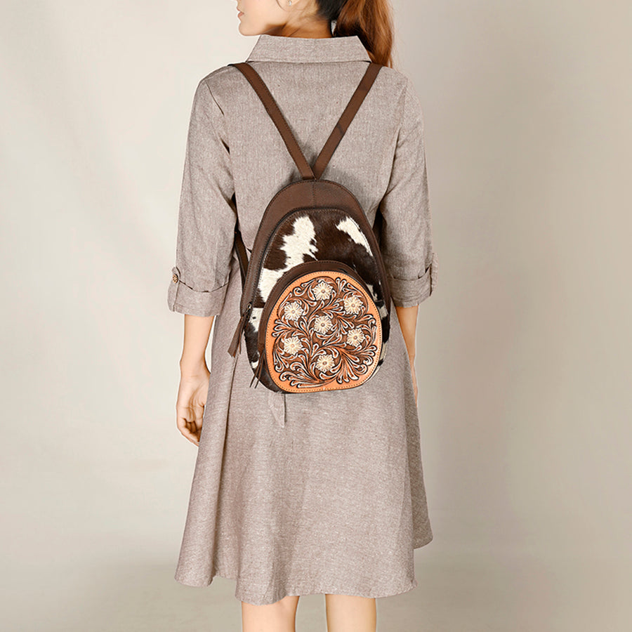 American Darling Western Leather Backpack - Eco-Friendly Full Grain Leather Hand Tooled Floral Carved Hair-On Cowhide Bag