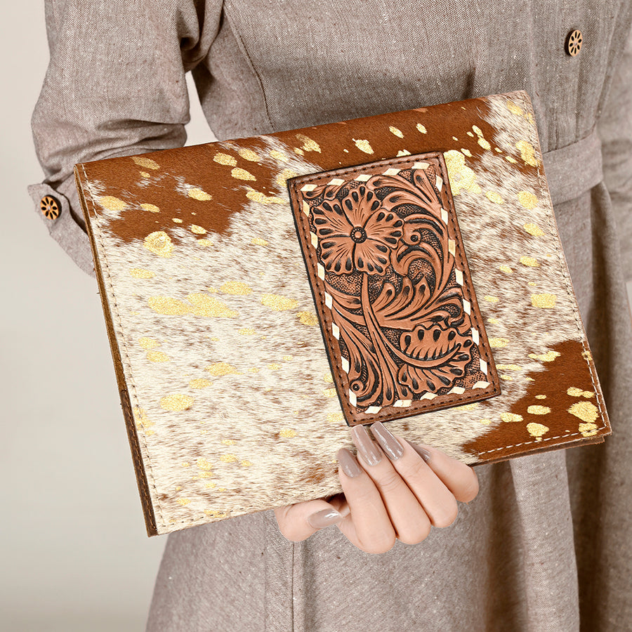 American Darling Western Leather Portfolio with Hair-On Cowhide, Genuine Leather Body & Hand-Tooled Floral Panel, Premium Craftsmanship