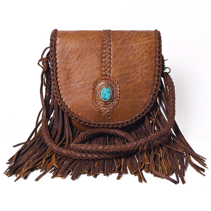 American Darling Messenger Bag Western Genuine Leather Handcrafted Purse with Fringes, Braided Strap and Turquoise Stone