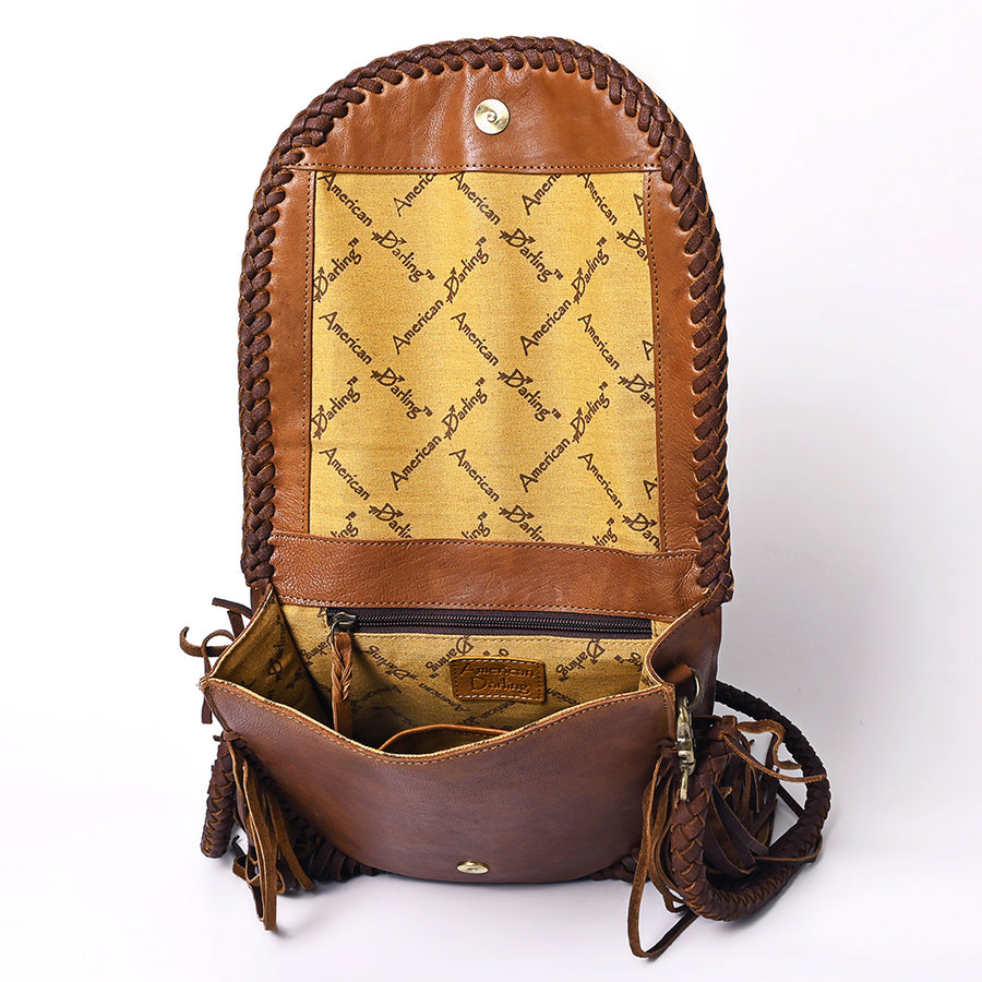 American Darling Messenger Bag Western Genuine Leather Handcrafted Purse with Fringes, Braided Strap and Turquoise Stone
