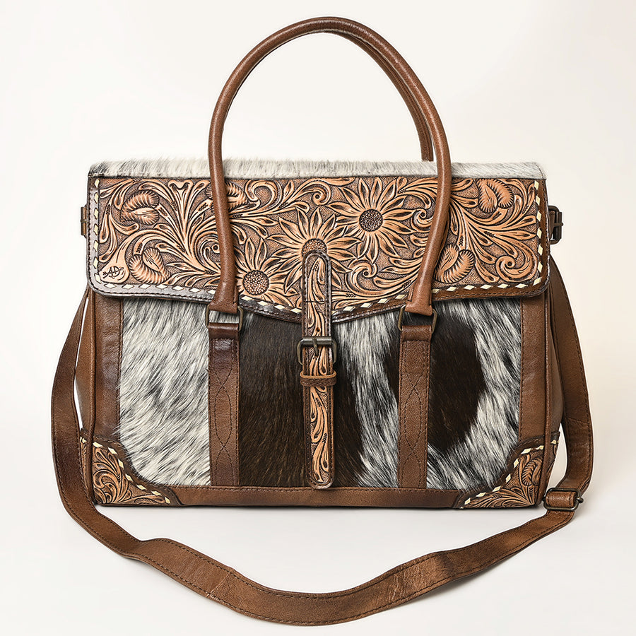 American Darling Western Leather Briefcase Bag with Hand-Tooled Floral Detail Hair-On Cowhide Genuine Leather Tote Office Carry Bag