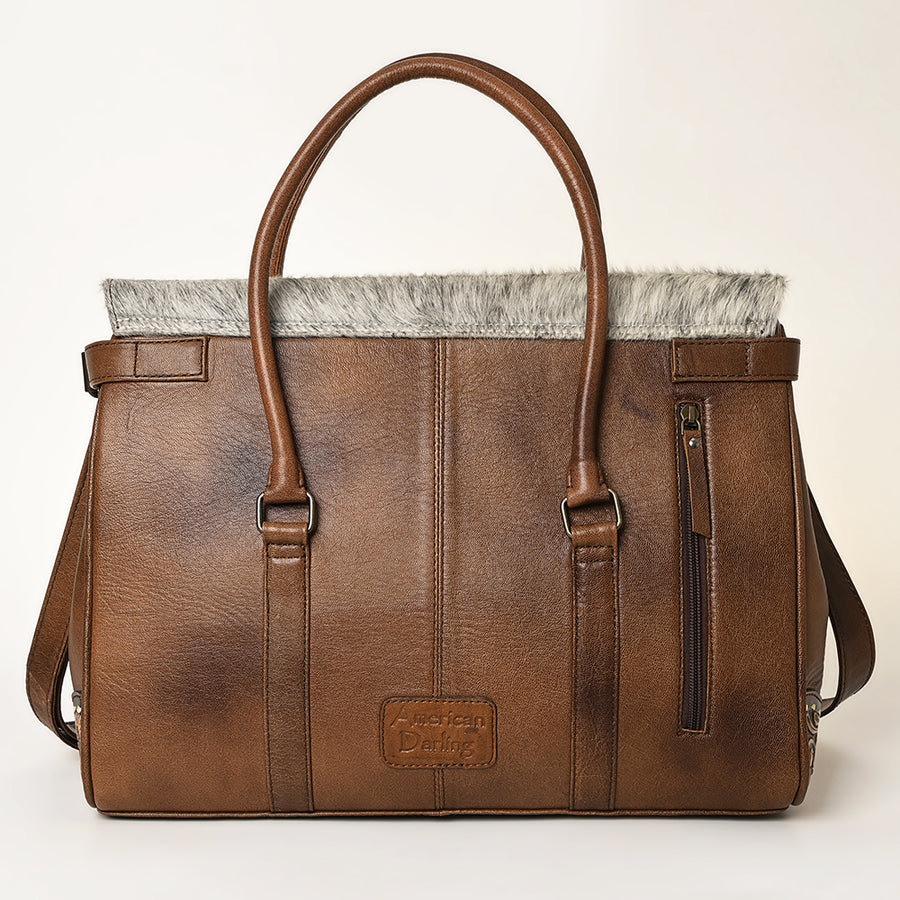 American Darling Western Leather Briefcase Bag with Hand-Tooled Floral Detail Hair-On Cowhide Genuine Leather Tote Office Carry Bag