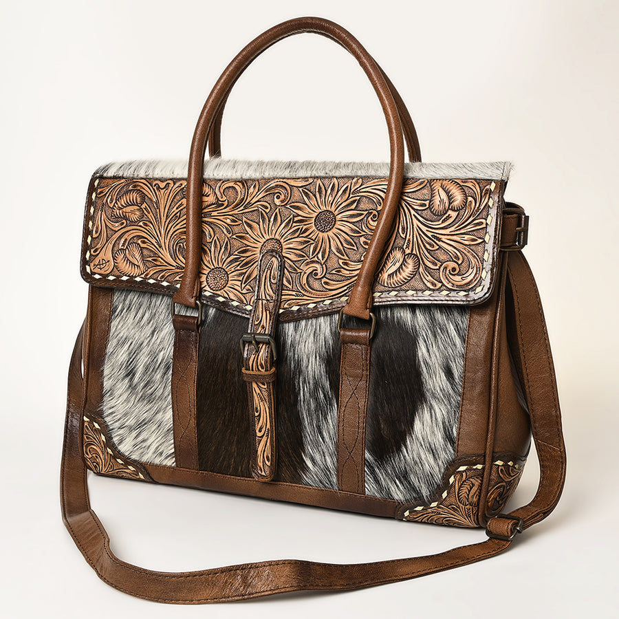 American Darling Western Leather Briefcase Bag with Hand-Tooled Floral and Hair-On Cowhide - Uhorse