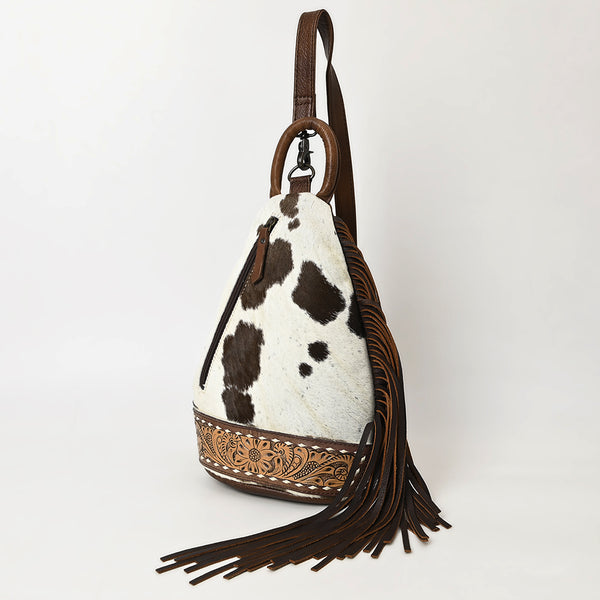 American Darling Western Cowhide Leather Sling Bag with Hand-Tooled Details and Fringe - Uhorse