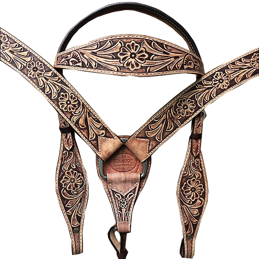 Tooled leather western headstall with floral design - Uhorse