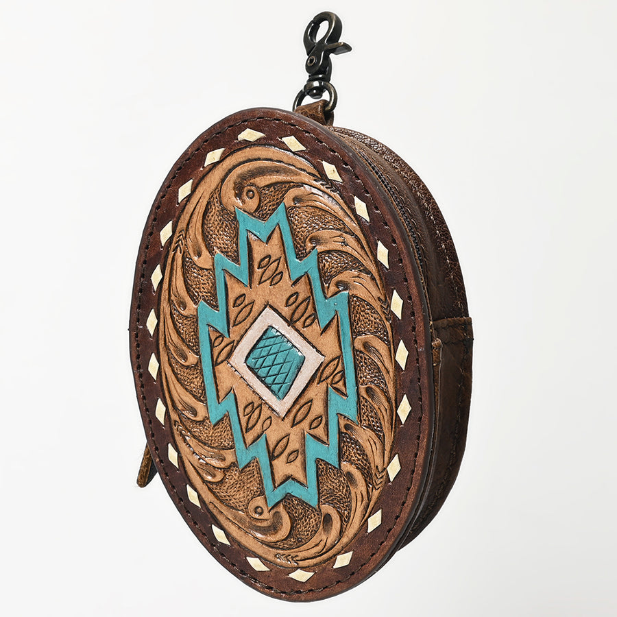 American Darling Western Genuine Leather Hand-Tooled Wristlet Bag with Buckstitch Detailing - Uhorse