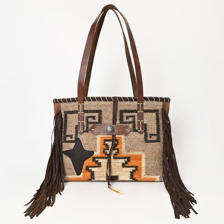 American Darling Hand-Woven Saddle Blanket Tote Bag – Genuine Leather Fringe Western Purse with Strap for Daily Use and Travel