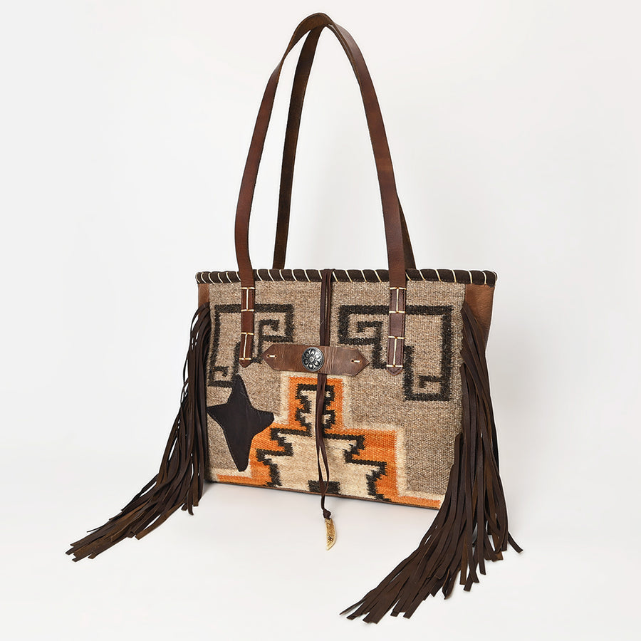 American Darling Hand-Woven Saddle Blanket Western Tote Bag - Genuine Leather Fringe Purse - Uhorse