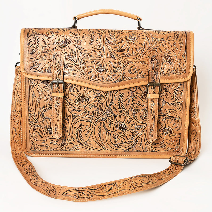 American Darling Western Hand-Tooled Genuine Leather Briefcase Bag with Floral Carving – Durable Work & Travel Organizer