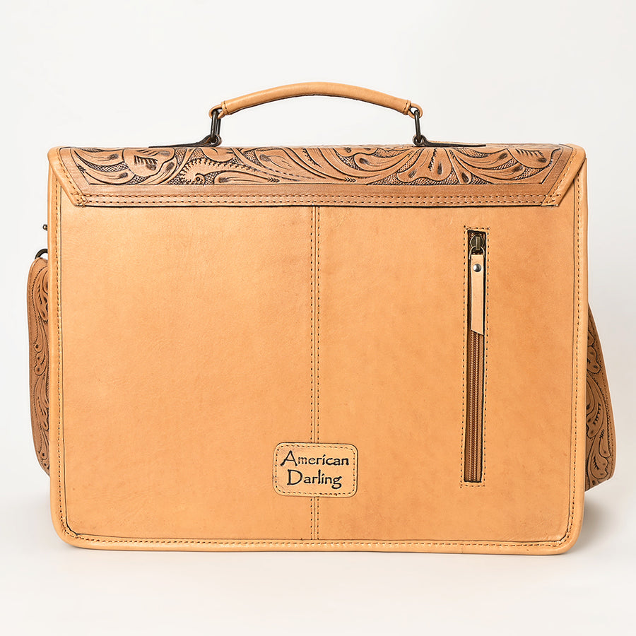 American Darling Western Hand-Tooled Genuine Leather Briefcase Bag with Floral Carving – Durable Work & Travel Organizer