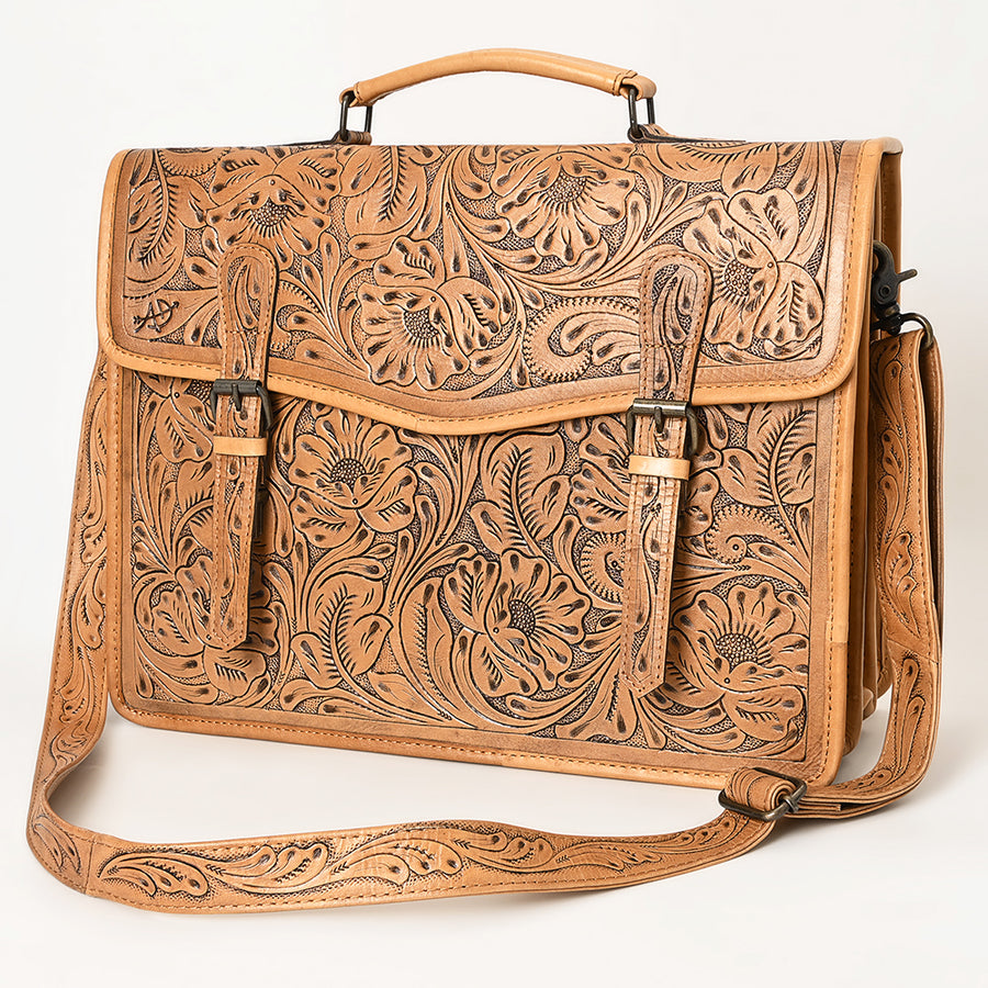 American Darling Western Genuine Leather Hand-Tooled Floral Briefcase Bag for Work and Travel - Uhorse