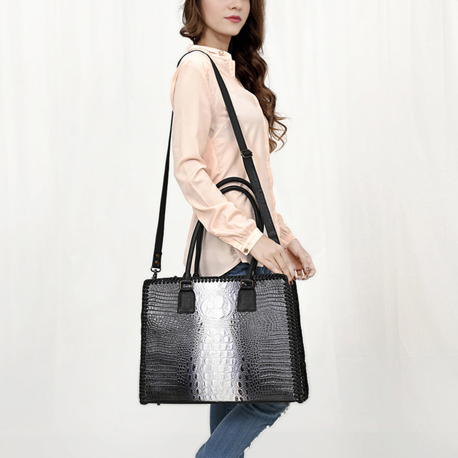 American Darling Western Tote Bag – Genuine Leather Crocodile Embossed Handcrafted Carryall with Dual Handles & Shoulder Strap