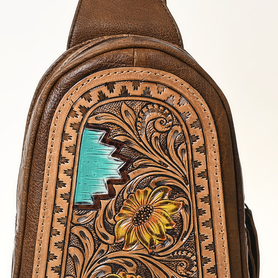 American Darling Hand-Tooled Leather Sling Bag – Genuine Leather Floral Carved Western Crossbody | 13in (H) X 8in (W) X 3in (D)