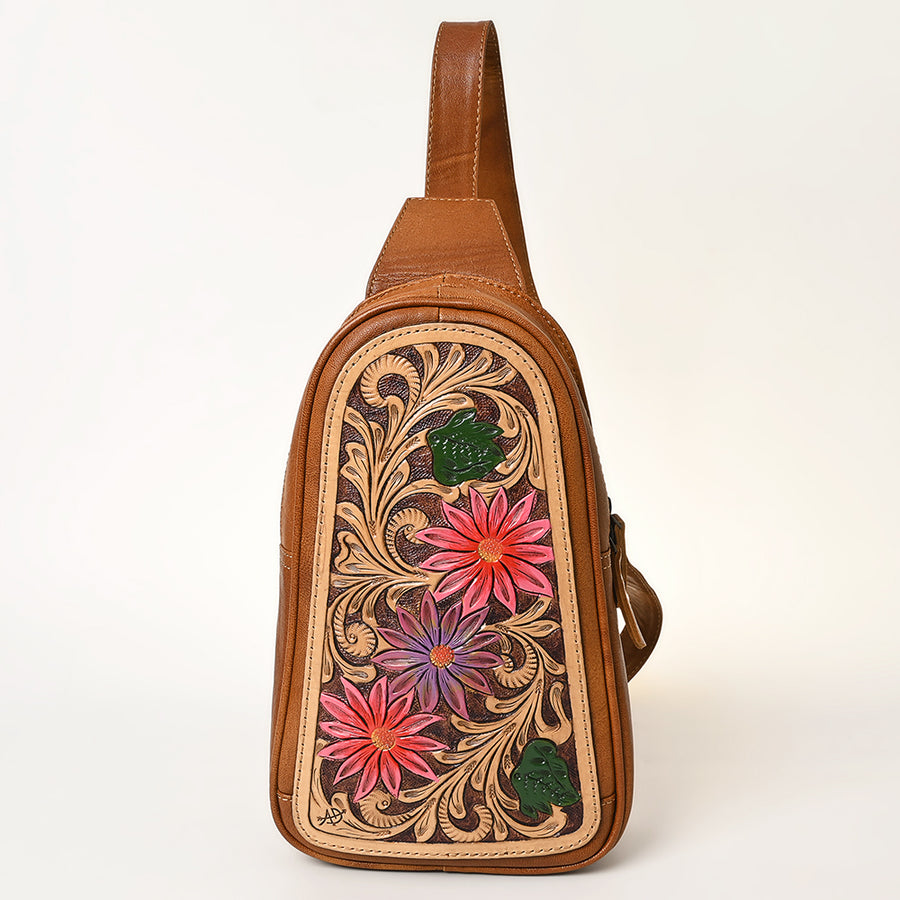 American Darling Hand-Tooled Leather Sling Bag – Genuine Leather Floral Carved Western Crossbody | 13in (H) X 8in (W) X 3in (D)