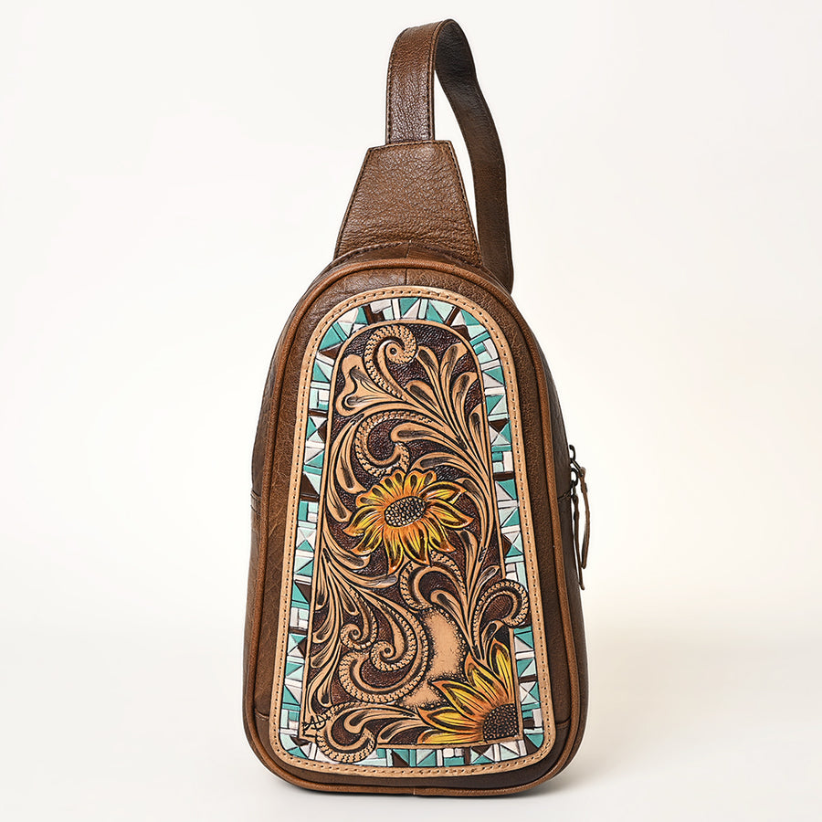 American Darling Hand-Tooled Leather Sling Bag – Genuine Leather Floral Carved Western Crossbody | 13in (H) X 8in (W) X 3in (D)