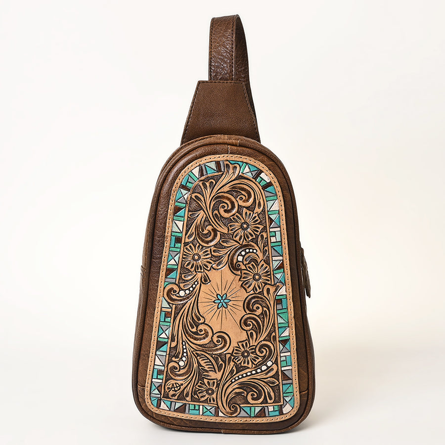 American Darling Hand-Tooled Leather Sling Bag – Genuine Leather Floral Carved Western Crossbody | 13in (H) X 8in (W) X 3in (D)