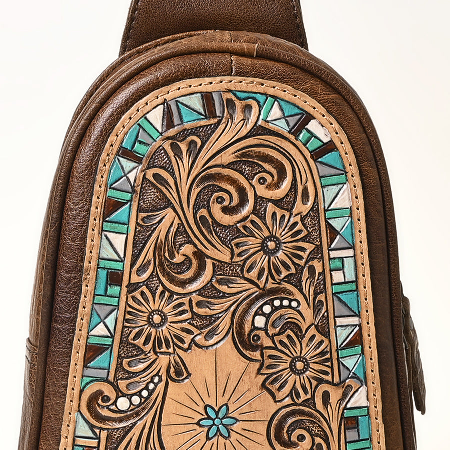 American Darling Hand-Tooled Leather Sling Bag – Genuine Leather Floral Carved Western Crossbody | 13in (H) X 8in (W) X 3in (D)