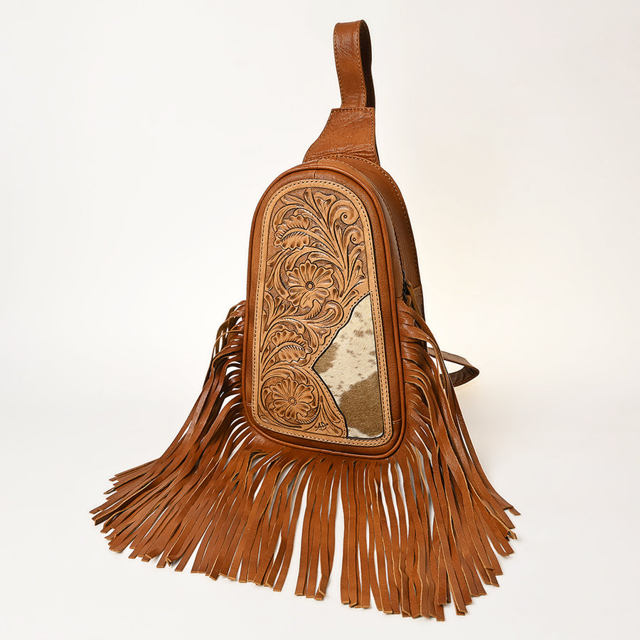 American Darling Western Leather Sling Bag with Hand-Tooled Detailing and Hair-On Cowhide Fringe | Crossbody - Uhorse
