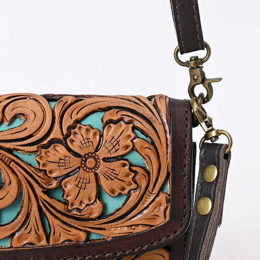American Darling Western Leather Small Cross body Bag - Eco-Friendly Vegetable Tanned Full Grain Leather Hand Tooled Floral Carved Purse