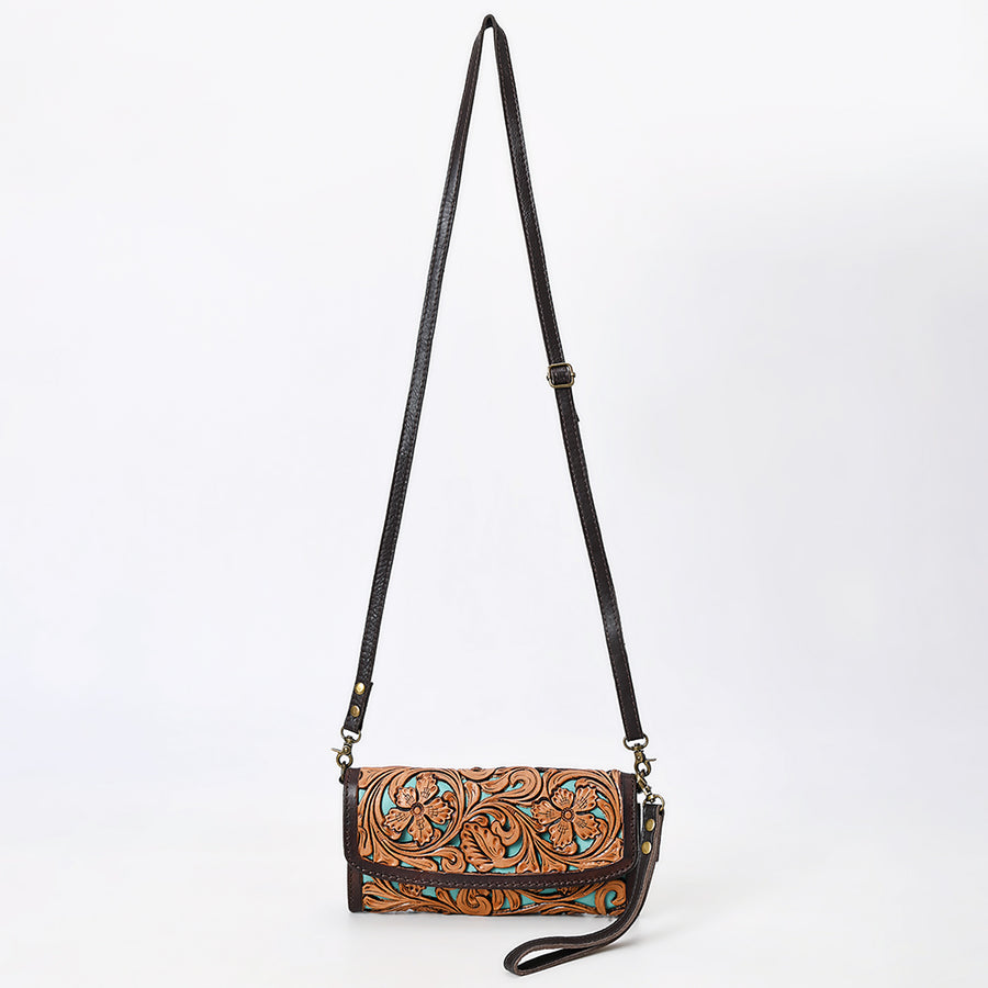 American Darling Western Leather Small Cross body Bag - Eco-Friendly Vegetable Tanned Full Grain Leather Hand Tooled Floral Carved Purse