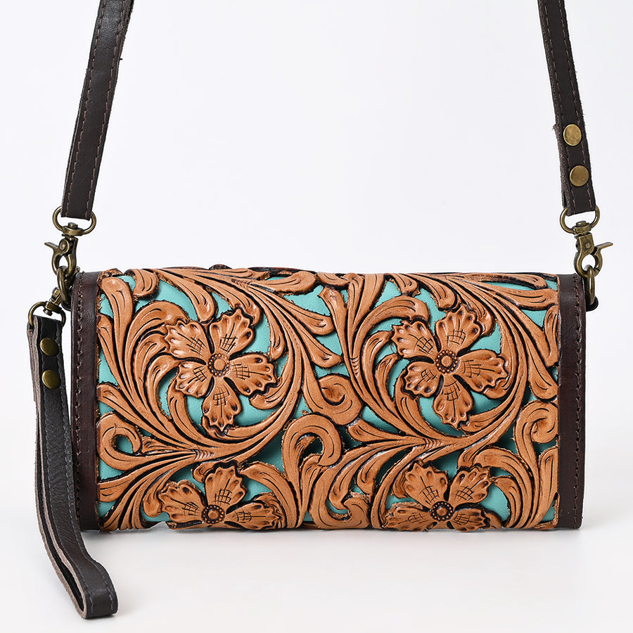 American Darling Western Leather Small Cross body Bag - Eco-Friendly Vegetable Tanned Full Grain Leather Hand Tooled Floral Carved Purse
