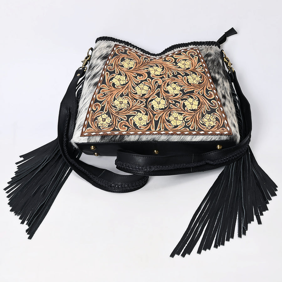 American Darling Western Leather Hobo Bag - Full Grain Leather Hand Tooled Floral Carved Hair-On Cowhide Purse With Fringes